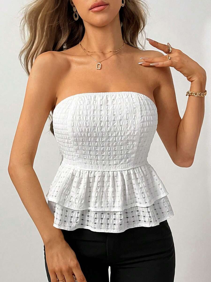 SHEIN Privé Back Bowknot Tie Multi-Layer Ruffle Hem Elegant Top - White - View 1