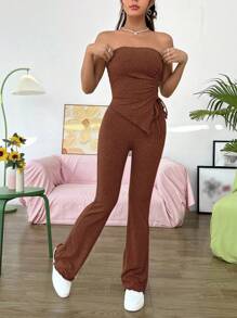 SHEIN EZwear Women's Drawstring Detail Asymmetric Hem Strapless Top And Pants Set - Brown - View 4