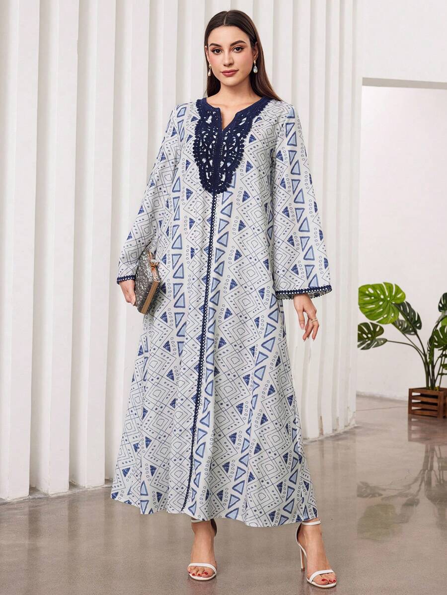 Al Najma 幾何圖案拼接蕾絲連衣裙 - 藍色 - 查看 1