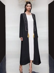 Al Najma 女士刺绣前开口流苏细节长袍，穆斯林时尚长袍，适合休闲/节日/聚会/旅行 - 黑色 - 查看 5