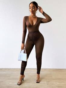 Zolique Women's Solid Color Long Sleeve Bodysuit And Pants Set Fall Cloth For Women - Coffee Brown - View 3