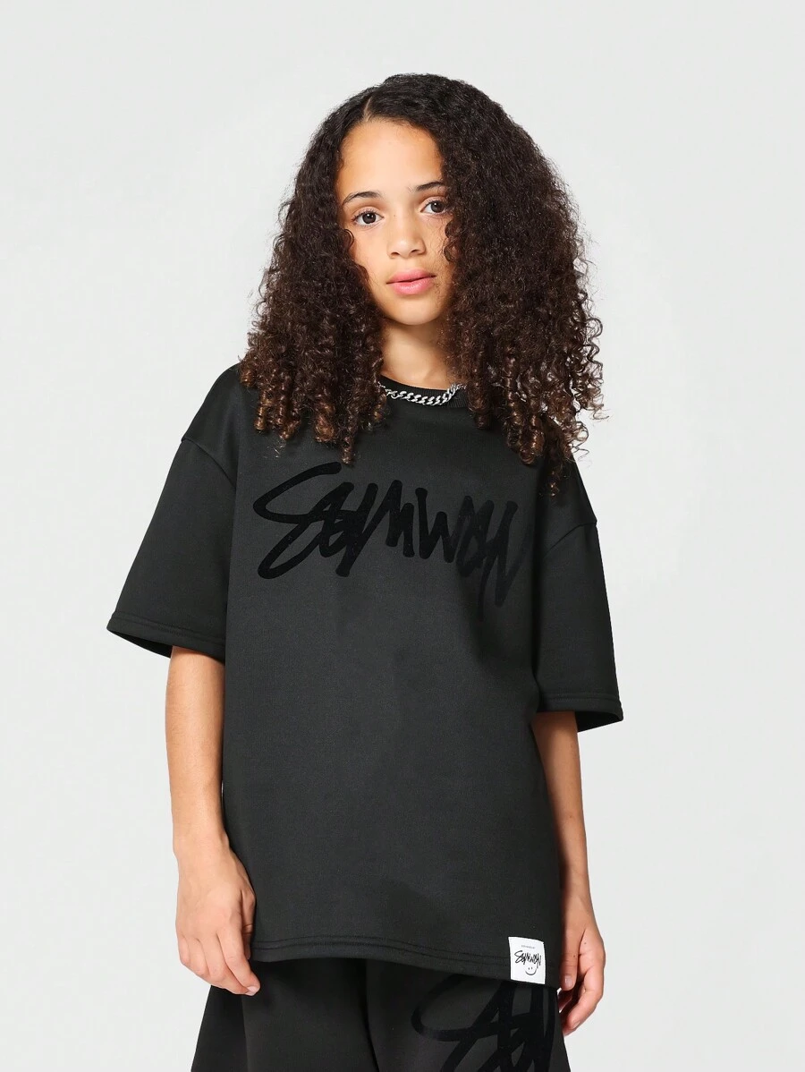 SUMWON Tween Girls Oversized Short Sleeve Premium Tee With Flock Print