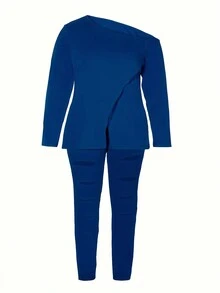 2pcs Set Plus Size Women Asymmetrical Neck Top With Split Hem And Distressed Pants - Blue - View 3