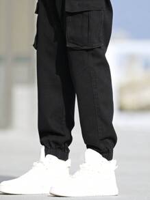 Manfinity Homme Men's Solid Color Drawstring Elastic Cuff Jeans With Pockets - Black - View 3