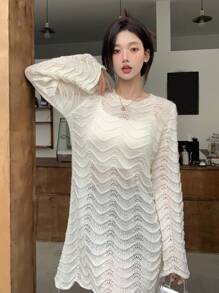 DAZY Vestido de suéter tejido corto de manga larga de unicolor y transparente con calado para mujeres