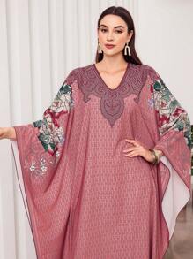 Al Najma Floral Print Batwing Sleeve V-Neck Kaftan