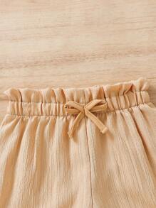 SHEIN 優雅休閒的嬰兒女孩紋理長褲 - 杏色 - 查看 3