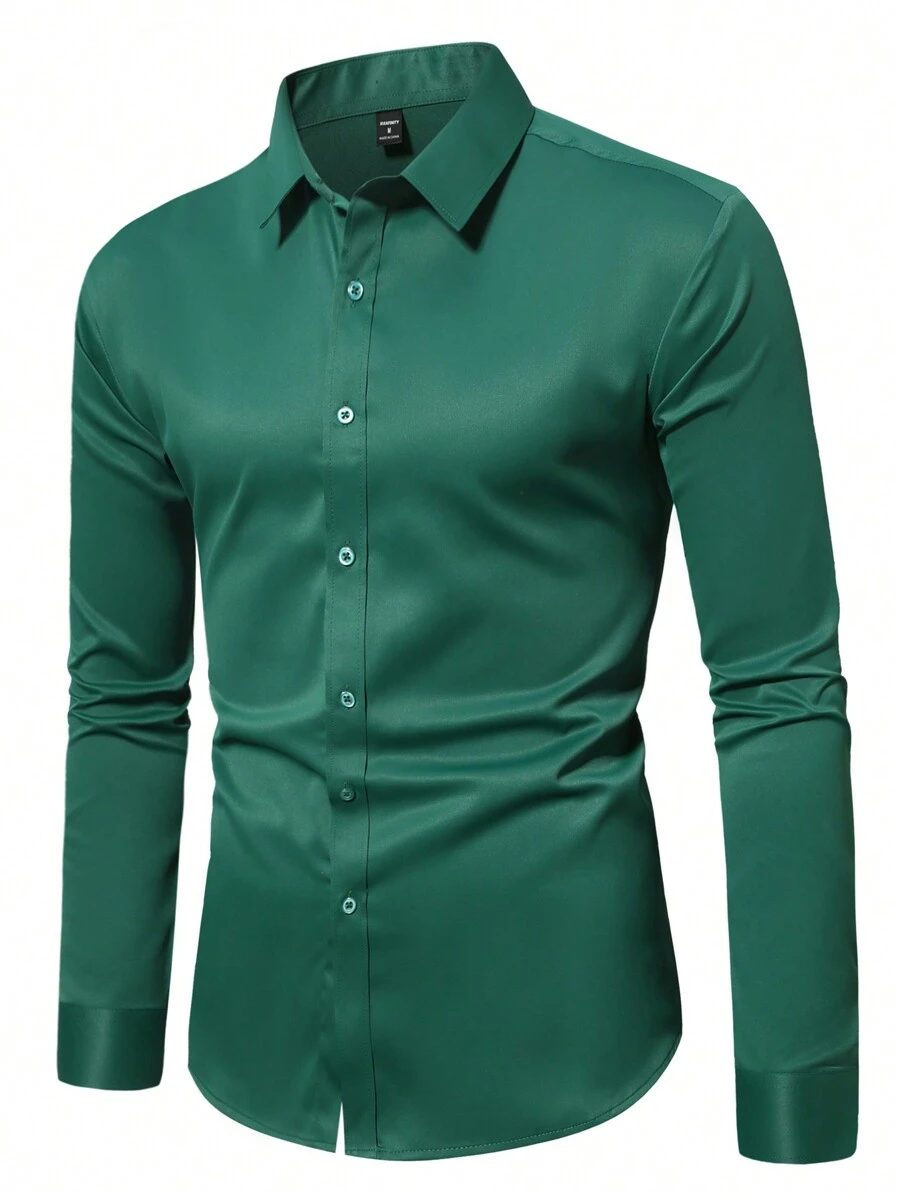 Manfinity Mode Camisa de Manga Longa Básica Masculina, Camisa de Cetim Verde Masculina, Camisa Masculina Verde Escuro, Camisa Social Masculina - Verde Escuro - Visão 1