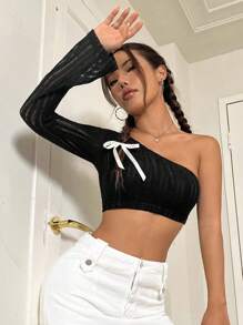 Flirla Women's Solid Color Asymmetrical Collar Backless Short T-Shirt - Black - View 6