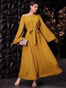 Modelyn Women's Asymmetrical Shoulder Flare Sleeve Belted Dress,Elegant Evening Party Dress Long Evening Dresses