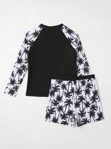 Tween Boys' Tropical Printed High Neck Two-Piece Rash Guard Swimsuit Set - Black - View 2