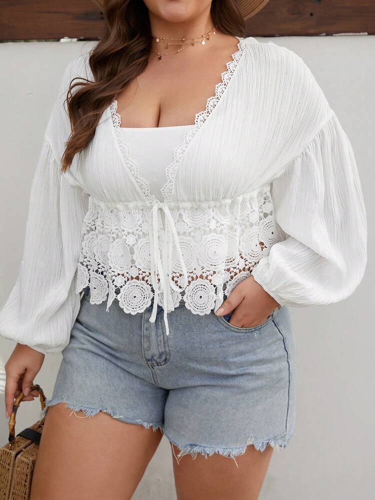 Plus Size Boho Summer Solid Color Lace Spliced Drawstring Waist Lantern Sleeve Cover Up Swimsuit With Cover Up
