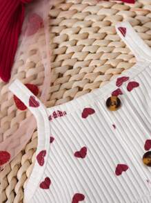 SHEIN 夏季新生兒女嬰兒心形印花背心上衣和短褲套裝,帶有肋紋設計 - 紅色 - 查看 4