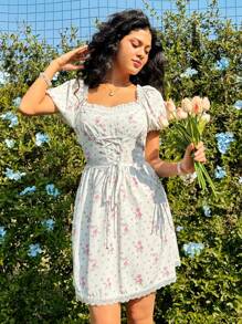 Soleia 花卉印花泡泡袖裙 - 綠色 - 查看 4