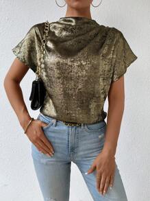 Chiquease Mịn màng tay cánh Đứng cổ áo Áo sơ mi - Màu Khaki - Xem 5