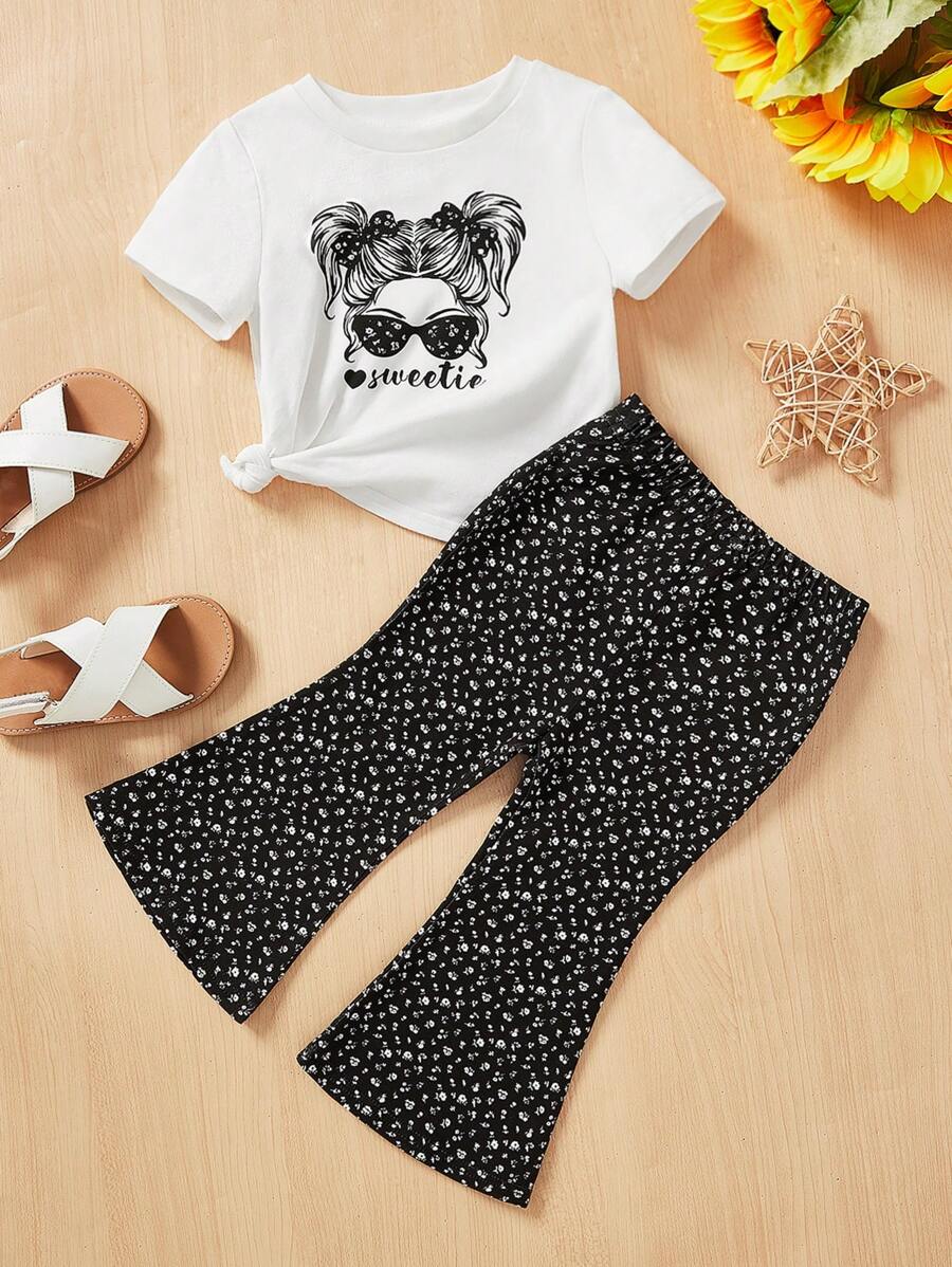 SHEIN Baby Girl Leisure Vacation Style Cartoon Character & Letter Print Round Neck T-Shirt With Floral Print Flare Pants Two Pieces Set - Black and White - View 1