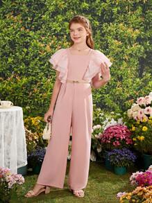 SHEIN Tween Girl Square Neck Double Layer Ruffle Short Sleeve Style Jumpsuit - Pink - View 6