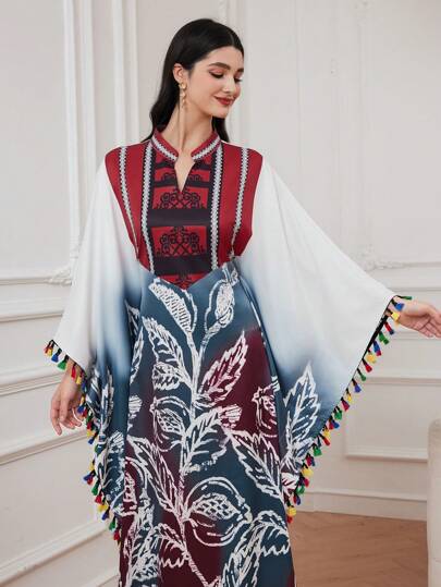 Al Najma 女士印花拼接流蘇裝飾蝙蝠袖連衣裙