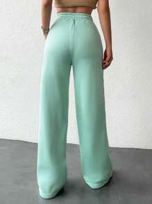 SHEIN Cottnline Women's Drawstring Waist Solid Color Wide Leg Pants - Cadet Blue - View 2