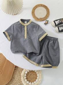 SHEIN Leap Crew 2入組少年休閒格子襯衫和短褲,柔軟透氣舒適,適用於春夏季節,時尚簡約 - 灰色 - 查看 1