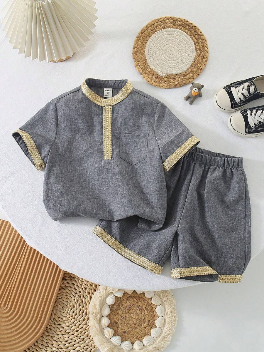 SHEIN Leap Crew 2入組少年休閒格子襯衫和短褲,柔軟透氣舒適,適用於春夏季節,時尚簡約 - 灰色 - 查看 1