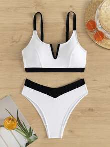 SHEIN Swim 拼色分体比基尼套装 夏日海滩 - 黑與白 - 查看 4