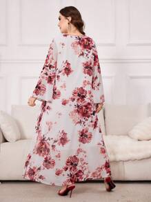Al Najma Plus Size Women's Floral Print Modest Long Sleeve A-Line Abaya Dress, Chiffon Elegant Maxi Jalabiya