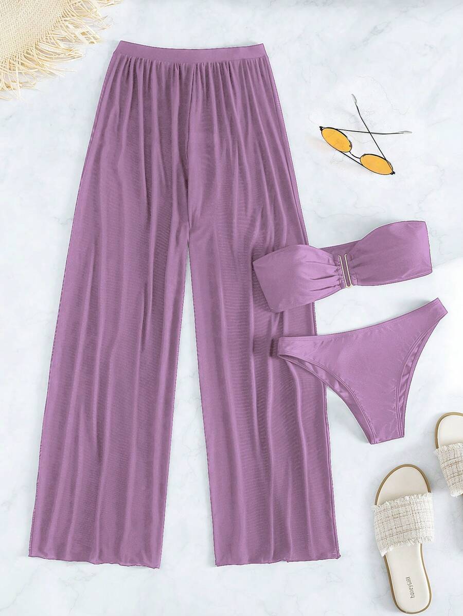 Summer Beach Solid Color Separated Bathing Suit 3-Piece Set - Lilac Purple - View 1
