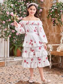 SHEIN Tween Girl Off Shoulder Ruffle Crop Top With Floral Print And Tiered Flowy Skirt With Floral Print Set
