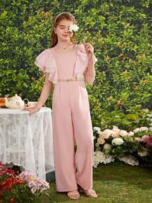 SHEIN Tween Girl Square Neck Double Layer Ruffle Short Sleeve Style Jumpsuit - Pink - View 4