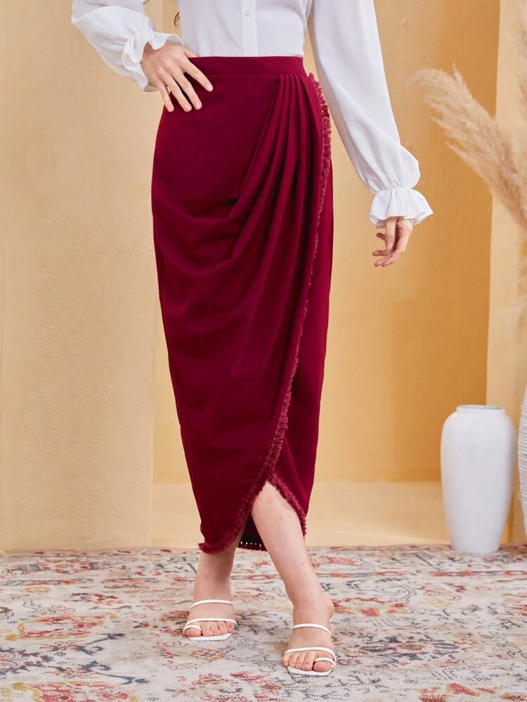 Teen Girls' Woven Plain Color Pleated Patchwork Fringe Lace Wrap Skirt