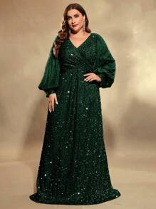 UNITHORSE Plus Size Lantern Sleeve Sequined Formal Dress, Elegant Long Sleeve Prom Evening Wedding Guest Gown, For Graduation, Dinner, Bride Dress, Birthday Women Outfits, Graduation Dress - 墨綠色 - 查看 3
