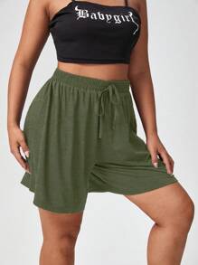 Flirla Plus Size Loose-Fit Solid Color Knit Shorts - Olive Green - View 3