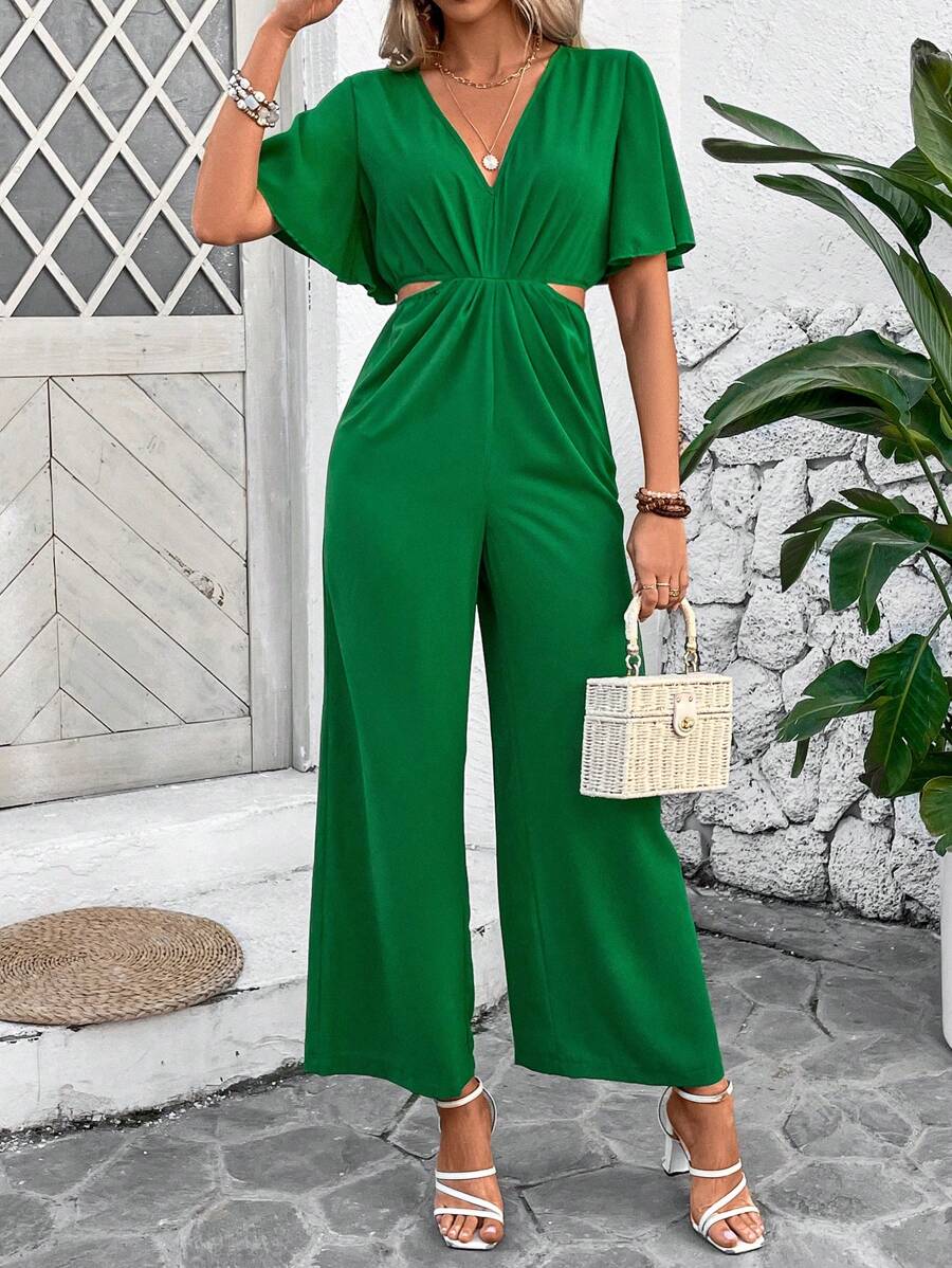 SHEIN VCAY 女士中空腰寬腿連體褲 - 綠色 - 查看 1