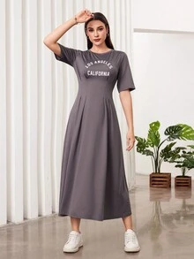 Seusyu 女款口號印花束腰針織裙 - 灰色 - 查看 6