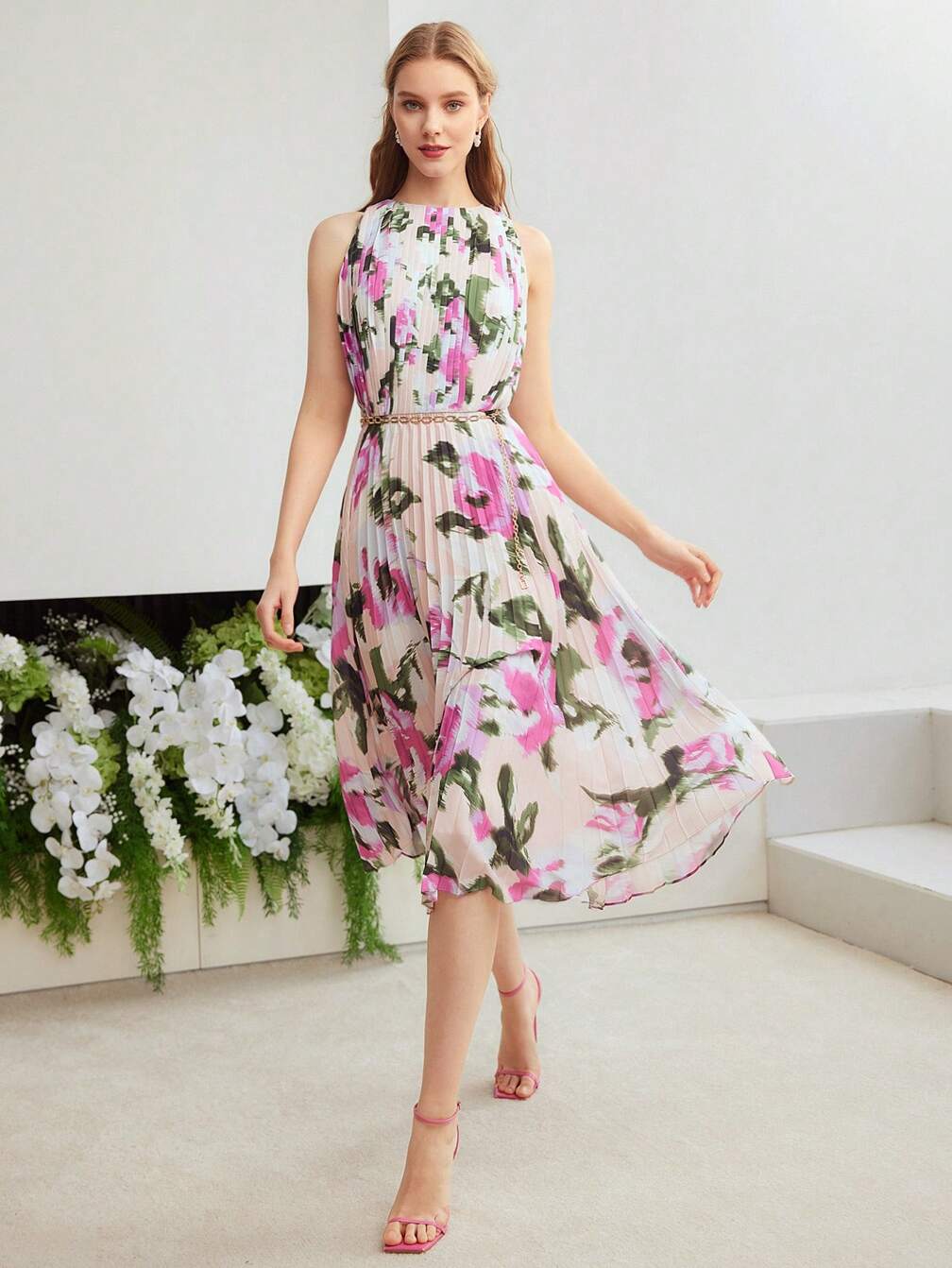 womens pleated dress flowers Vivienna  Watercolor floral  Pleated maxi dress