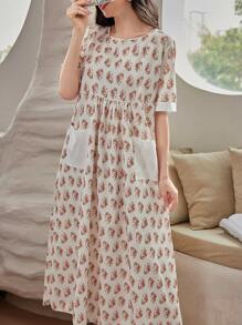 Seusyu 女性花卉印花雙口袋連衣裙 - 鏽棕色 - 查看 3