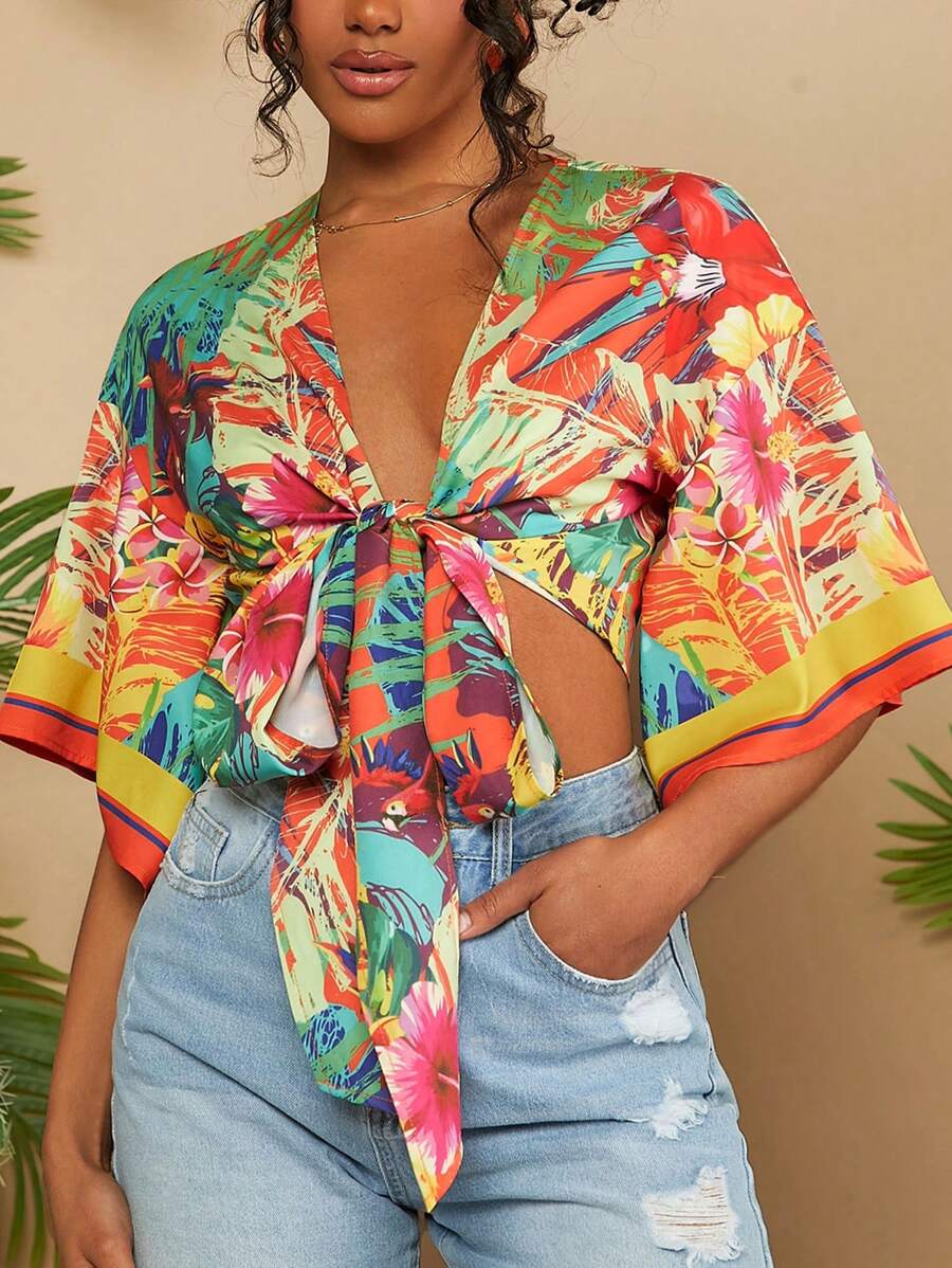 Travachic Women's Tropical Print Tie Front Cropped Blouse With Flared Sleeves For Vacation - Multicolor - View 1