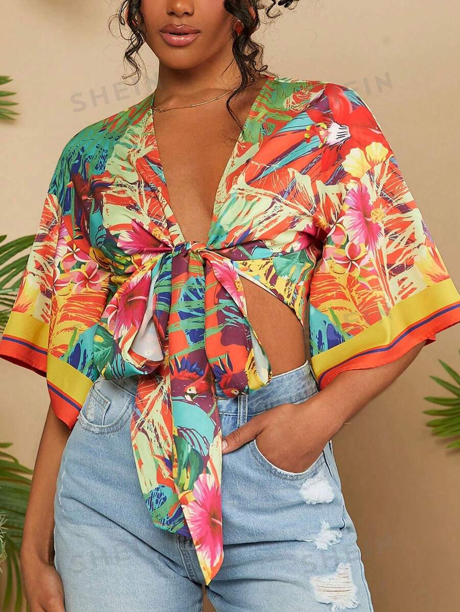 Travachic Blusa Corta Tropical Para Mujer Con Estampado Y Lazo En La Parte Delantera Y Mangas Acampanadas Para Vacaciones