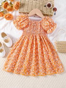 SHEIN Young Girl's Printed Puff Sleeve Dress With Floral Pattern - Coral Orange - View 2