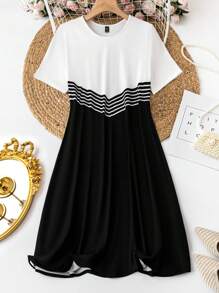 SHEIN LUNE Kích thước lớn Sọc Khối màu Đầm - Đen và trắng - Xem 1