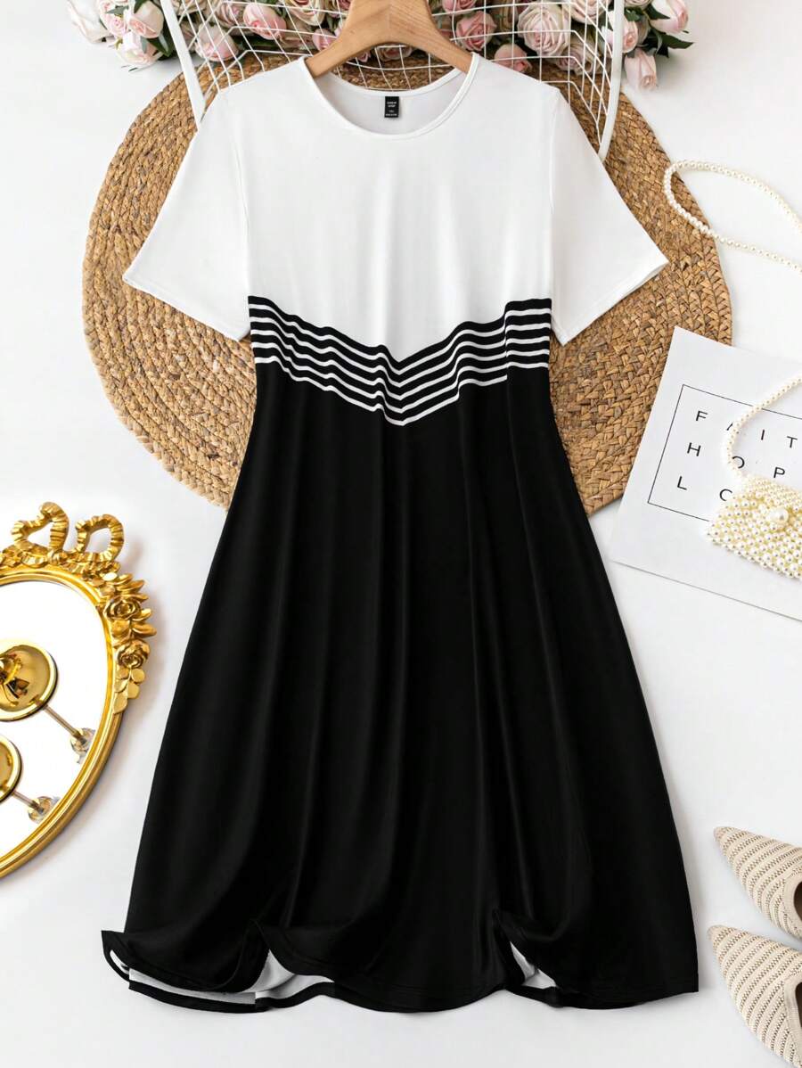 SHEIN LUNE Kích thước lớn Sọc Khối màu Đầm - Đen và trắng - Xem 1