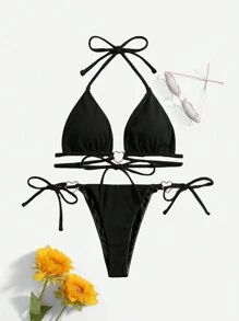 SHEIN Swim Summer Beach Solid Heart-Ring Linked Halter Triangle Tie Side Bikini Set - Black - View 3