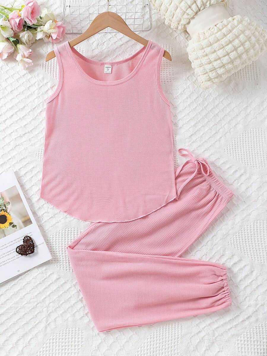 少女粉色简约吊带背心长袖休闲两件套睡衣套装 - 粉色 - 查看 1