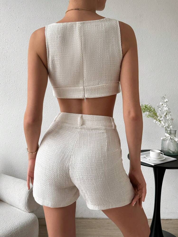 Women's V-Neck Cropped Top And Shorts Set