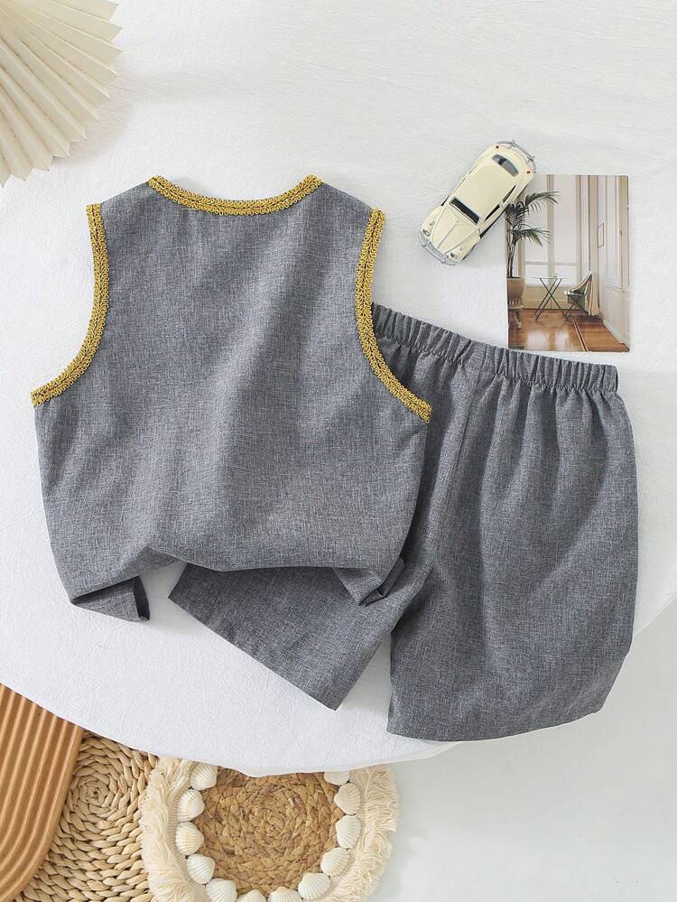 2pcs/Set Young Boys' Casual And Comfortable Style, Minimalist And Practical, Soft And Breathable, Woven-Trim Patchwork Tank Top And Shorts, Suitable For Spring And Summer