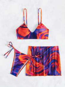 SHEIN Swim Color Block Printed V-Neck Bikini Set, 3pcs Swimwear Summer - Multicolor - View 3