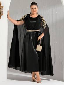Modelyn Plus Size Women's Embroidered Cape Sleeve Arabic Dress,Elegant Evening Party Dress Long Evening Dresses