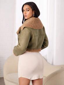 SHEIN BAE Áo khoác nữ màu kaki phối da và lông thú, thích hợp cho đêm Giáng sinh. - Màu Khaki - Xem 2