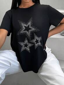 SHEIN Essnce 女款星星鑽石裝飾t恤 - 黑色 - 查看 6